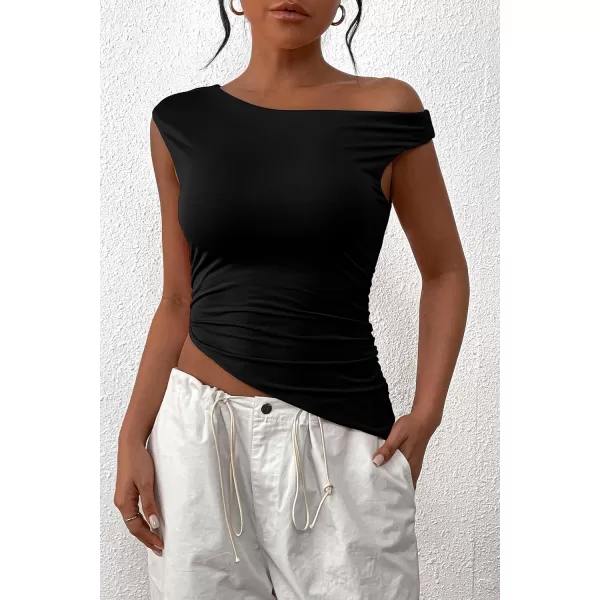imagePRETTYGARDEN Womens 2024 Summer Off The Shoulder Crop Tops Sleeveless One Shoulder Ruched Asymmetrical Y2K Going Out Tank TopBlack