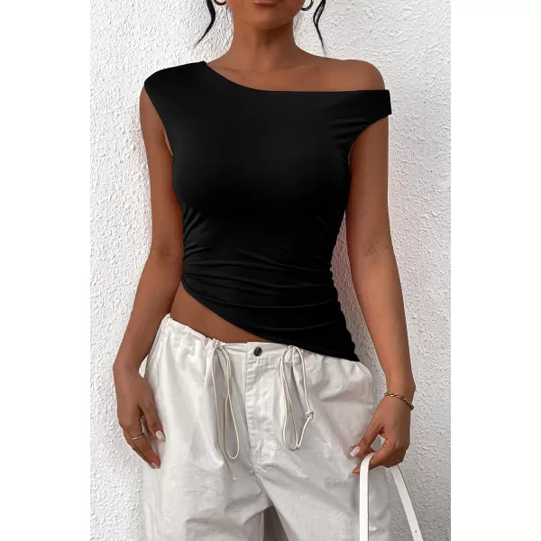 imagePRETTYGARDEN Womens 2024 Summer Off The Shoulder Crop Tops Sleeveless One Shoulder Ruched Asymmetrical Y2K Going Out Tank TopBlack