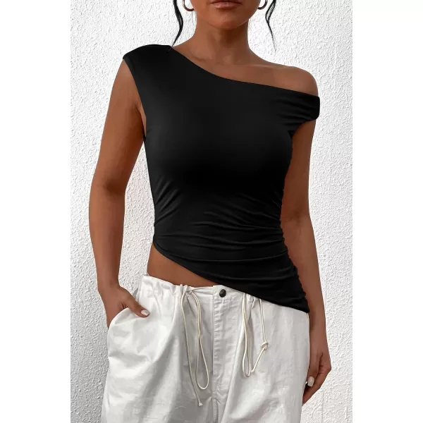 imagePRETTYGARDEN Womens 2024 Summer Off The Shoulder Crop Tops Sleeveless One Shoulder Ruched Asymmetrical Y2K Going Out Tank TopBlack