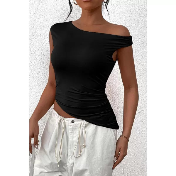 imagePRETTYGARDEN Womens 2024 Summer Off The Shoulder Crop Tops Sleeveless One Shoulder Ruched Asymmetrical Y2K Going Out Tank TopBlack