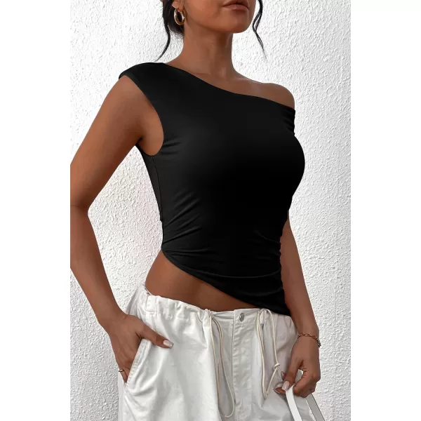 imagePRETTYGARDEN Womens 2024 Summer Off The Shoulder Crop Tops Sleeveless One Shoulder Ruched Asymmetrical Y2K Going Out Tank TopBlack