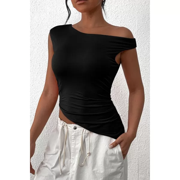 imagePRETTYGARDEN Womens 2024 Summer Off The Shoulder Crop Tops Sleeveless One Shoulder Ruched Asymmetrical Y2K Going Out Tank TopBlack