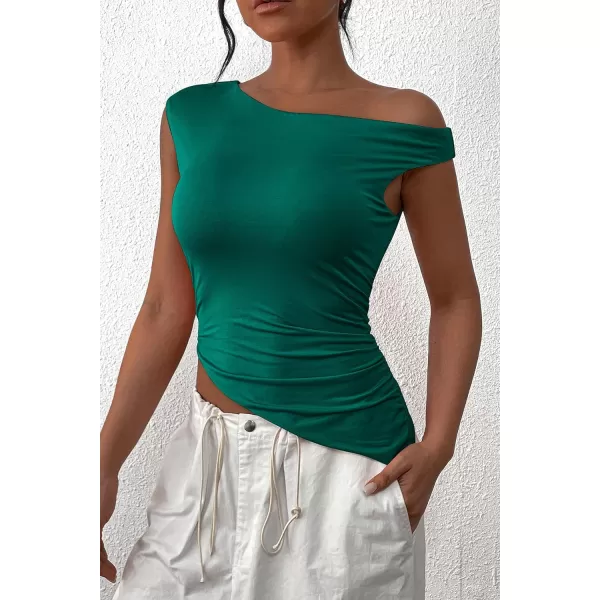 imagePRETTYGARDEN Womens 2024 Summer Off The Shoulder Crop Tops Sleeveless One Shoulder Ruched Asymmetrical Y2K Going Out Tank TopDark Green