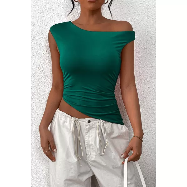 imagePRETTYGARDEN Womens 2024 Summer Off The Shoulder Crop Tops Sleeveless One Shoulder Ruched Asymmetrical Y2K Going Out Tank TopDark Green