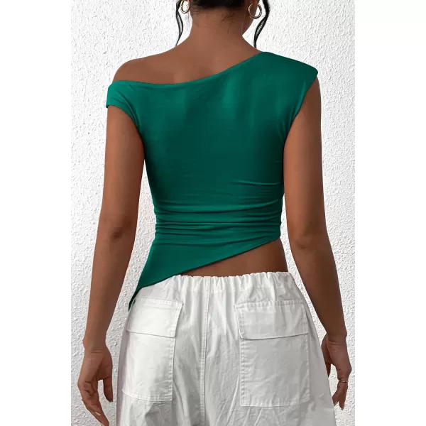 imagePRETTYGARDEN Womens 2024 Summer Off The Shoulder Crop Tops Sleeveless One Shoulder Ruched Asymmetrical Y2K Going Out Tank TopDark Green
