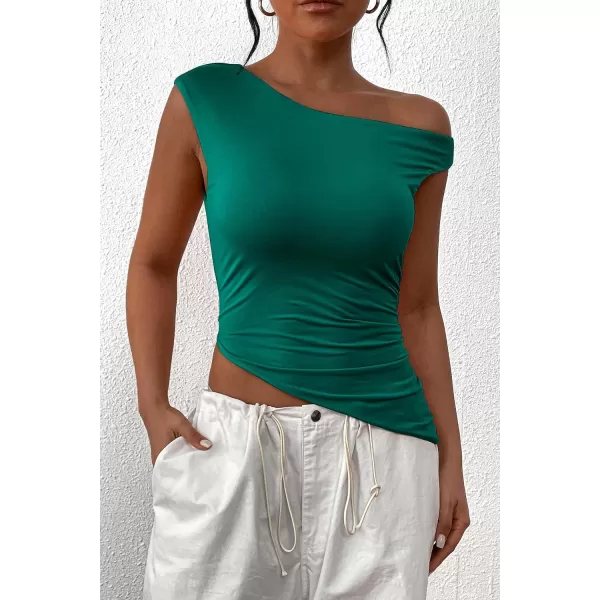 imagePRETTYGARDEN Womens 2024 Summer Off The Shoulder Crop Tops Sleeveless One Shoulder Ruched Asymmetrical Y2K Going Out Tank TopDark Green