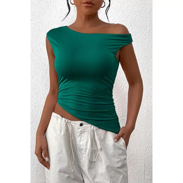 imagePRETTYGARDEN Womens 2024 Summer Off The Shoulder Crop Tops Sleeveless One Shoulder Ruched Asymmetrical Y2K Going Out Tank TopDark Green