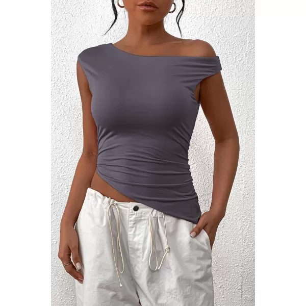 imagePRETTYGARDEN Womens 2024 Summer Off The Shoulder Crop Tops Sleeveless One Shoulder Ruched Asymmetrical Y2K Going Out Tank TopDark Grey