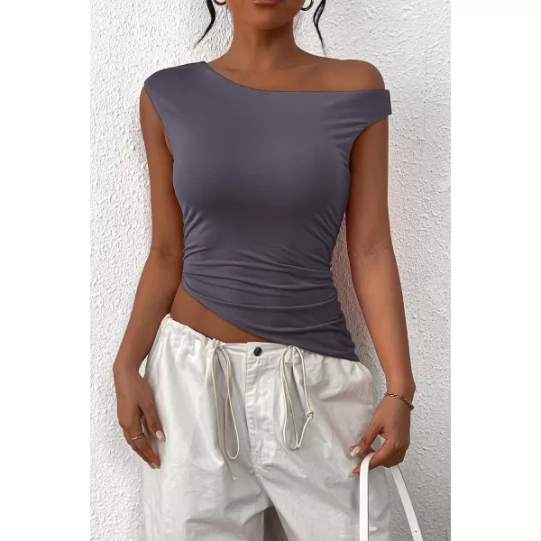 imagePRETTYGARDEN Womens 2024 Summer Off The Shoulder Crop Tops Sleeveless One Shoulder Ruched Asymmetrical Y2K Going Out Tank TopDark Grey