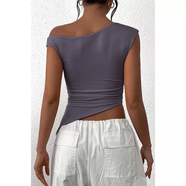imagePRETTYGARDEN Womens 2024 Summer Off The Shoulder Crop Tops Sleeveless One Shoulder Ruched Asymmetrical Y2K Going Out Tank TopDark Grey