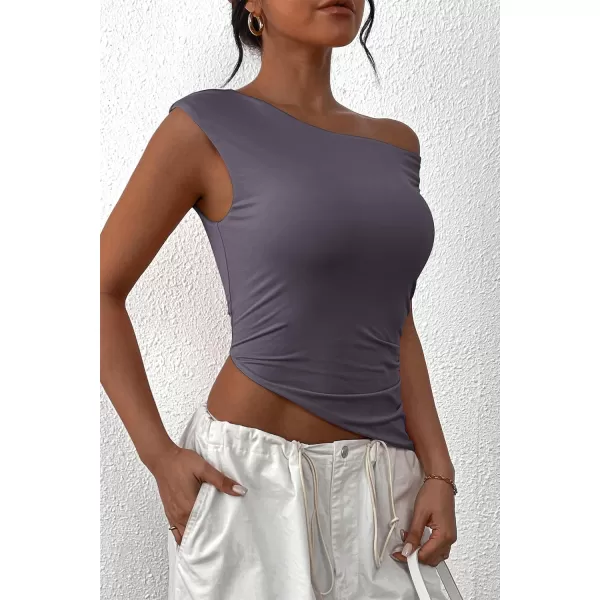 imagePRETTYGARDEN Womens 2024 Summer Off The Shoulder Crop Tops Sleeveless One Shoulder Ruched Asymmetrical Y2K Going Out Tank TopDark Grey