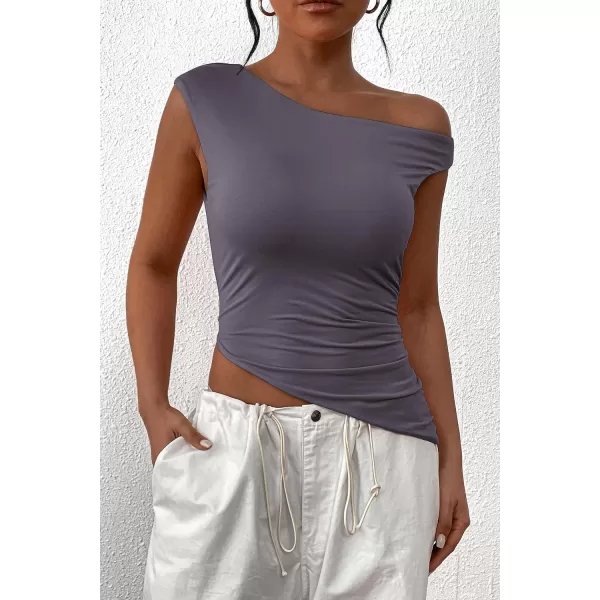 imagePRETTYGARDEN Womens 2024 Summer Off The Shoulder Crop Tops Sleeveless One Shoulder Ruched Asymmetrical Y2K Going Out Tank TopDark Grey