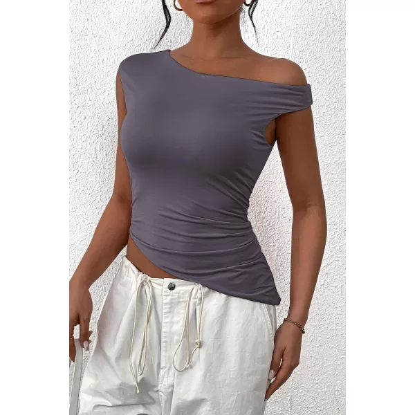 imagePRETTYGARDEN Womens 2024 Summer Off The Shoulder Crop Tops Sleeveless One Shoulder Ruched Asymmetrical Y2K Going Out Tank TopDark Grey