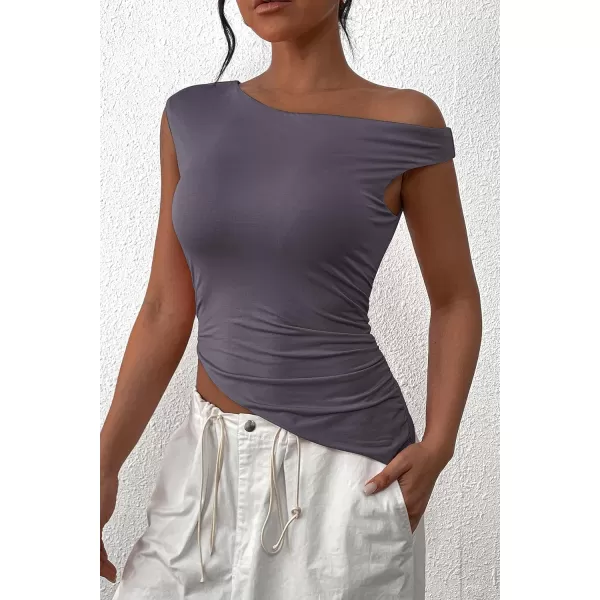 imagePRETTYGARDEN Womens 2024 Summer Off The Shoulder Crop Tops Sleeveless One Shoulder Ruched Asymmetrical Y2K Going Out Tank TopDark Grey