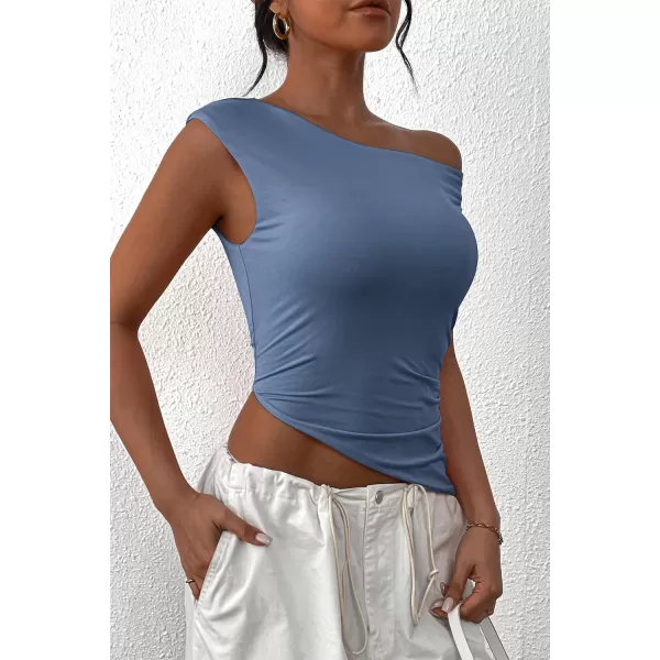 imagePRETTYGARDEN Womens 2024 Summer Off The Shoulder Crop Tops Sleeveless One Shoulder Ruched Asymmetrical Y2K Going Out Tank TopGrey Blue