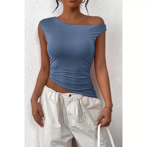 imagePRETTYGARDEN Womens 2024 Summer Off The Shoulder Crop Tops Sleeveless One Shoulder Ruched Asymmetrical Y2K Going Out Tank TopGrey Blue