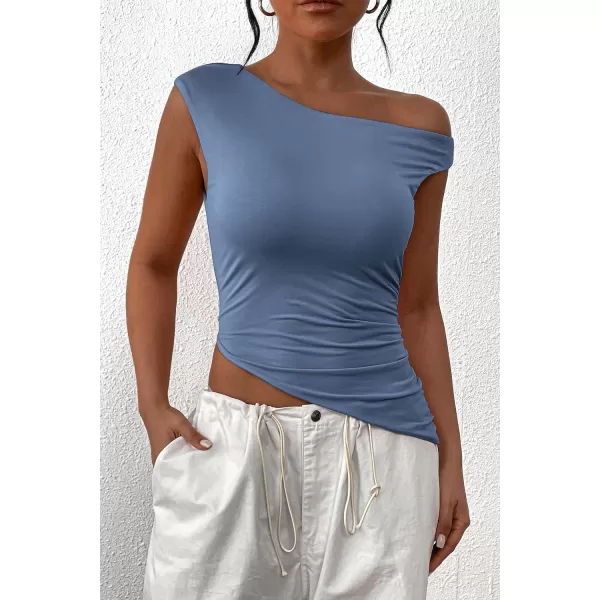imagePRETTYGARDEN Womens 2024 Summer Off The Shoulder Crop Tops Sleeveless One Shoulder Ruched Asymmetrical Y2K Going Out Tank TopGrey Blue