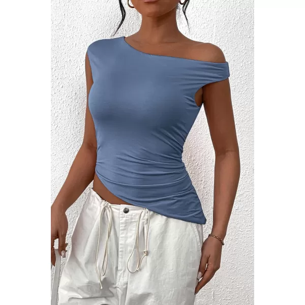imagePRETTYGARDEN Womens 2024 Summer Off The Shoulder Crop Tops Sleeveless One Shoulder Ruched Asymmetrical Y2K Going Out Tank TopGrey Blue