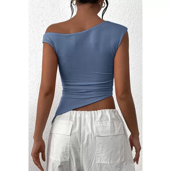 imagePRETTYGARDEN Womens 2024 Summer Off The Shoulder Crop Tops Sleeveless One Shoulder Ruched Asymmetrical Y2K Going Out Tank TopGrey Blue