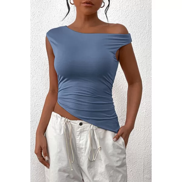 imagePRETTYGARDEN Womens 2024 Summer Off The Shoulder Crop Tops Sleeveless One Shoulder Ruched Asymmetrical Y2K Going Out Tank TopGrey Blue