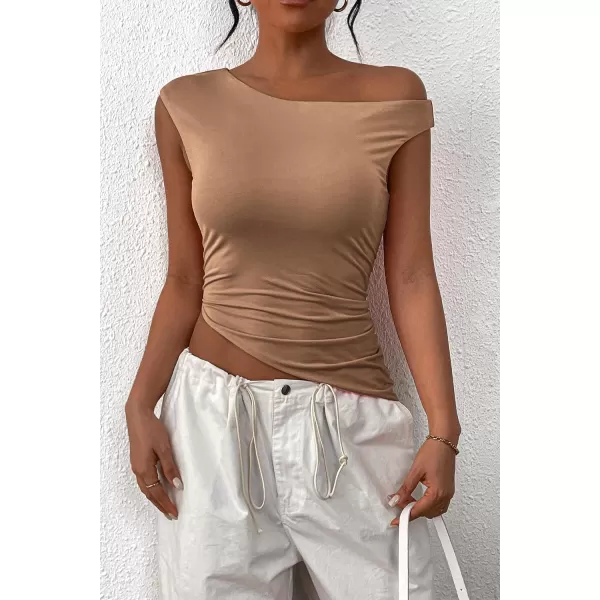 imagePRETTYGARDEN Womens 2024 Summer Off The Shoulder Crop Tops Sleeveless One Shoulder Ruched Asymmetrical Y2K Going Out Tank TopKhaki