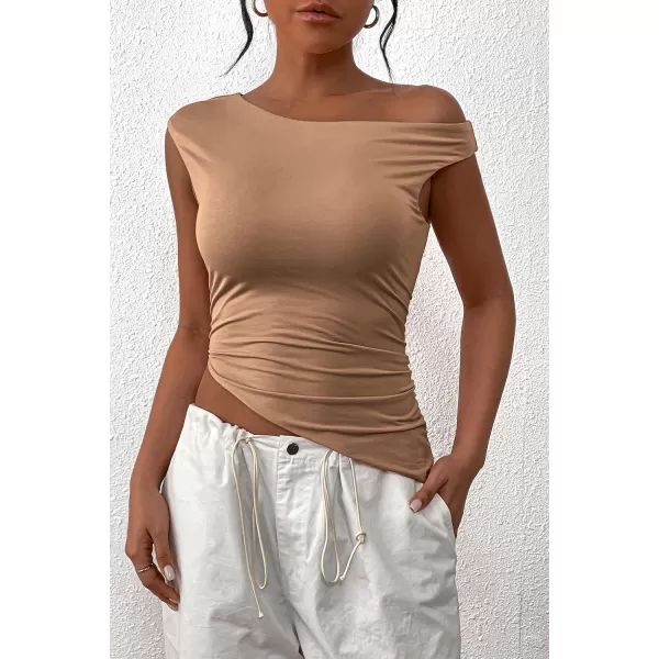 imagePRETTYGARDEN Womens 2024 Summer Off The Shoulder Crop Tops Sleeveless One Shoulder Ruched Asymmetrical Y2K Going Out Tank TopKhaki
