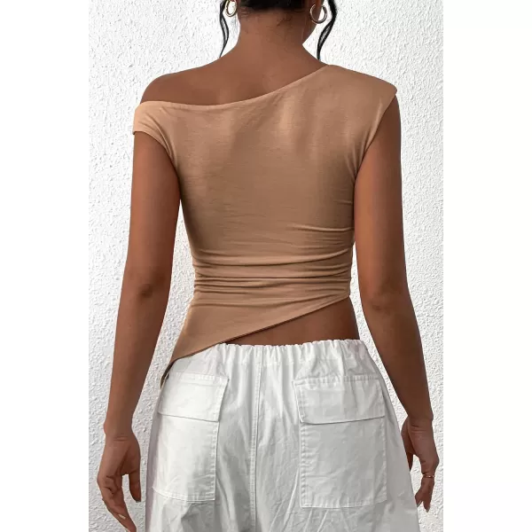 imagePRETTYGARDEN Womens 2024 Summer Off The Shoulder Crop Tops Sleeveless One Shoulder Ruched Asymmetrical Y2K Going Out Tank TopKhaki