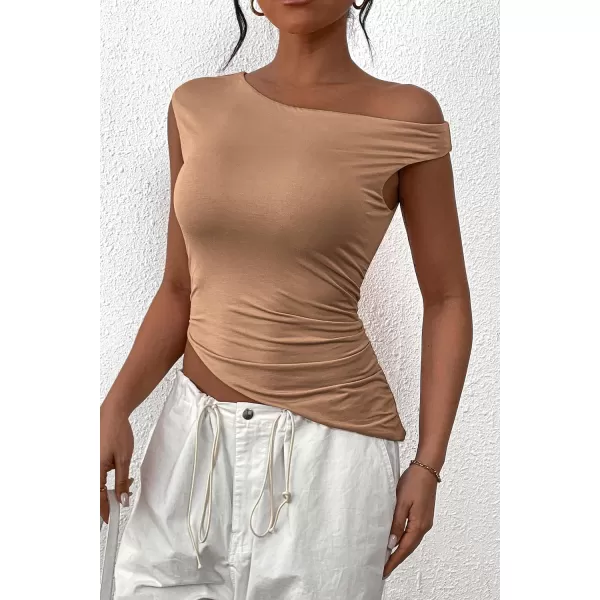 imagePRETTYGARDEN Womens 2024 Summer Off The Shoulder Crop Tops Sleeveless One Shoulder Ruched Asymmetrical Y2K Going Out Tank TopKhaki