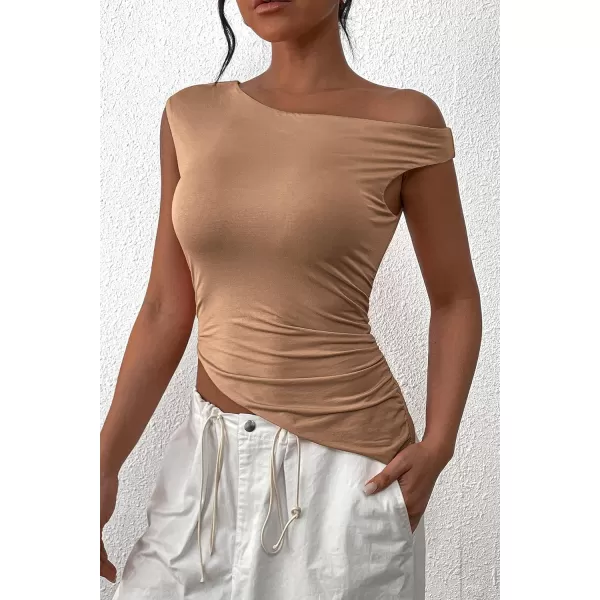 imagePRETTYGARDEN Womens 2024 Summer Off The Shoulder Crop Tops Sleeveless One Shoulder Ruched Asymmetrical Y2K Going Out Tank TopKhaki