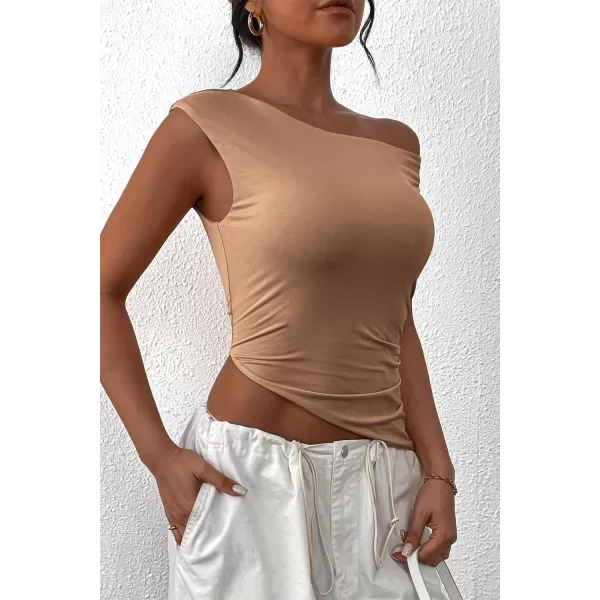 imagePRETTYGARDEN Womens 2024 Summer Off The Shoulder Crop Tops Sleeveless One Shoulder Ruched Asymmetrical Y2K Going Out Tank TopKhaki