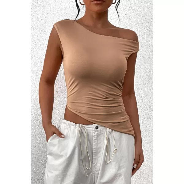 imagePRETTYGARDEN Womens 2024 Summer Off The Shoulder Crop Tops Sleeveless One Shoulder Ruched Asymmetrical Y2K Going Out Tank TopKhaki