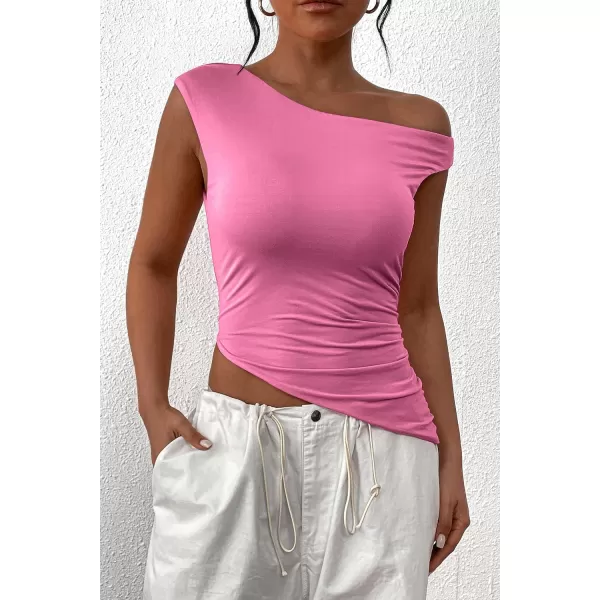 imagePRETTYGARDEN Womens 2024 Summer Off The Shoulder Crop Tops Sleeveless One Shoulder Ruched Asymmetrical Y2K Going Out Tank TopPink
