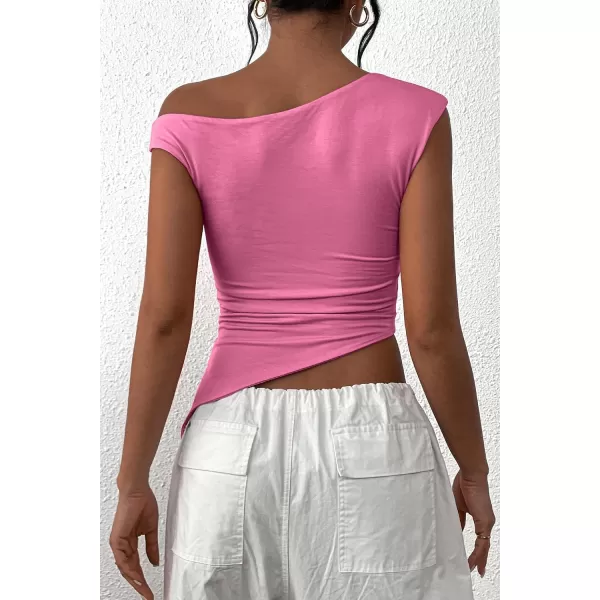 imagePRETTYGARDEN Womens 2024 Summer Off The Shoulder Crop Tops Sleeveless One Shoulder Ruched Asymmetrical Y2K Going Out Tank TopPink