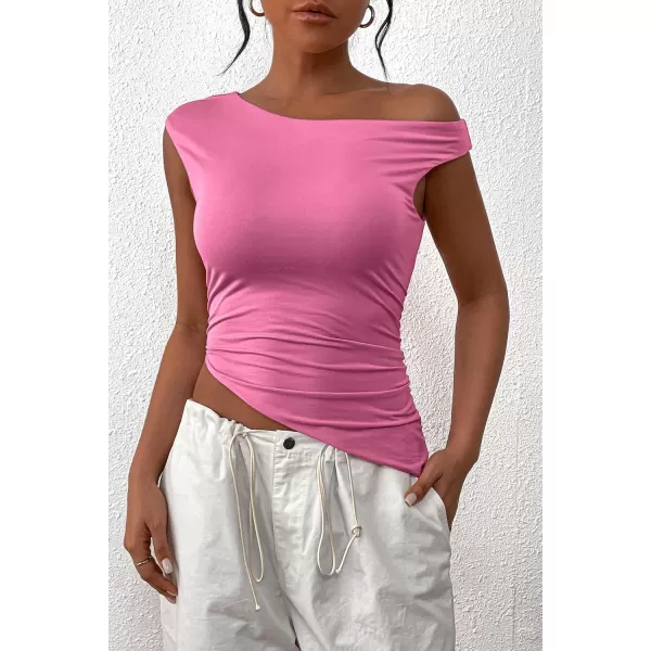 imagePRETTYGARDEN Womens 2024 Summer Off The Shoulder Crop Tops Sleeveless One Shoulder Ruched Asymmetrical Y2K Going Out Tank TopPink