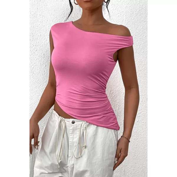 imagePRETTYGARDEN Womens 2024 Summer Off The Shoulder Crop Tops Sleeveless One Shoulder Ruched Asymmetrical Y2K Going Out Tank TopPink