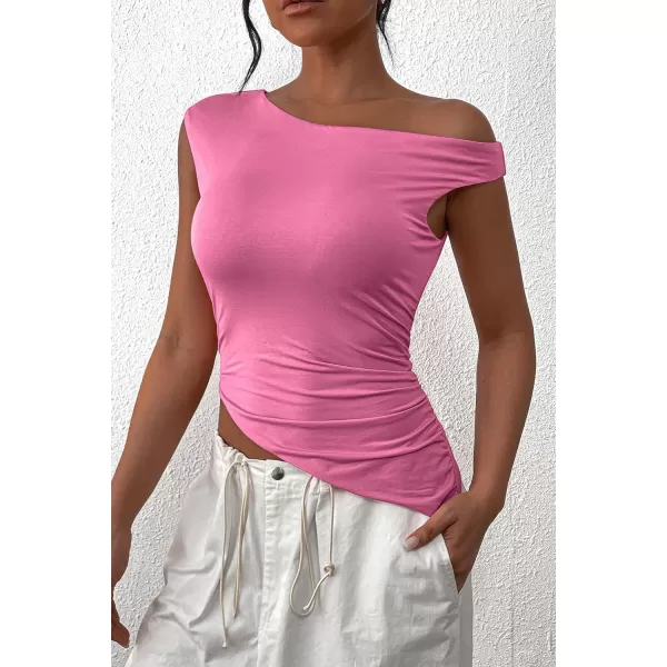 imagePRETTYGARDEN Womens 2024 Summer Off The Shoulder Crop Tops Sleeveless One Shoulder Ruched Asymmetrical Y2K Going Out Tank TopPink