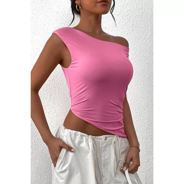 imagePRETTYGARDEN Womens 2024 Summer Off The Shoulder Crop Tops Sleeveless One Shoulder Ruched Asymmetrical Y2K Going Out Tank TopPink