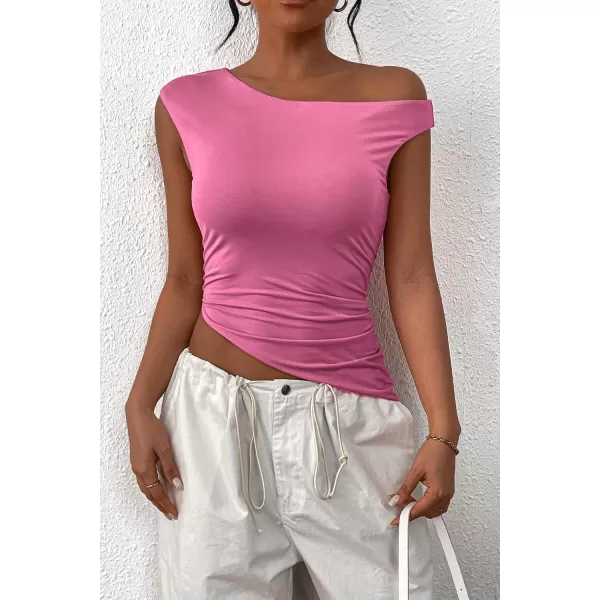 imagePRETTYGARDEN Womens 2024 Summer Off The Shoulder Crop Tops Sleeveless One Shoulder Ruched Asymmetrical Y2K Going Out Tank TopPink