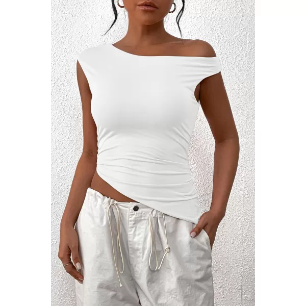 imagePRETTYGARDEN Womens 2024 Summer Off The Shoulder Crop Tops Sleeveless One Shoulder Ruched Asymmetrical Y2K Going Out Tank TopWhite
