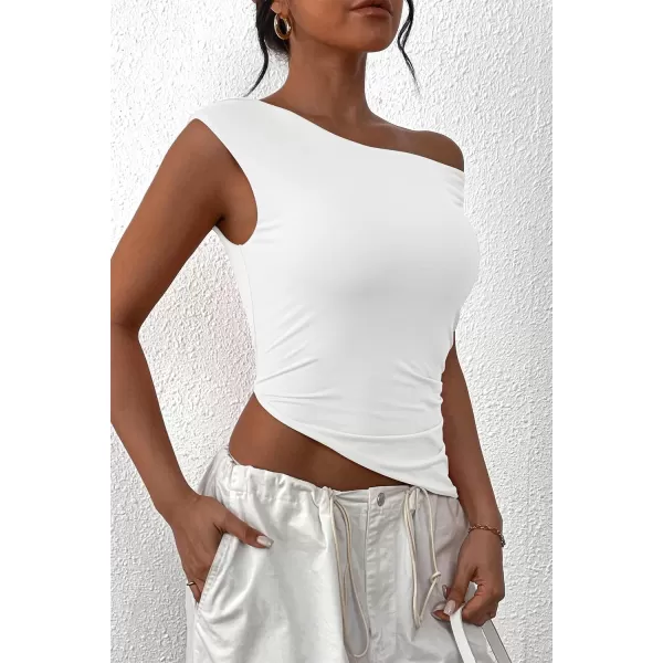 imagePRETTYGARDEN Womens 2024 Summer Off The Shoulder Crop Tops Sleeveless One Shoulder Ruched Asymmetrical Y2K Going Out Tank TopWhite