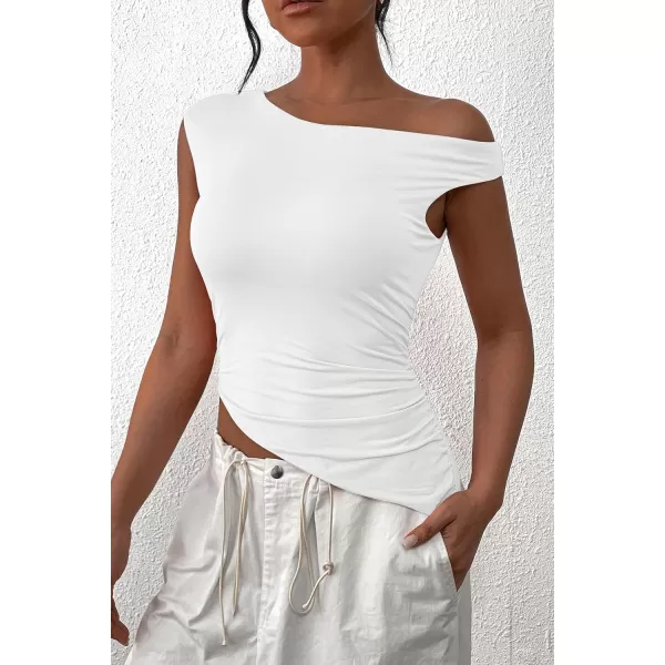 imagePRETTYGARDEN Womens 2024 Summer Off The Shoulder Crop Tops Sleeveless One Shoulder Ruched Asymmetrical Y2K Going Out Tank TopWhite