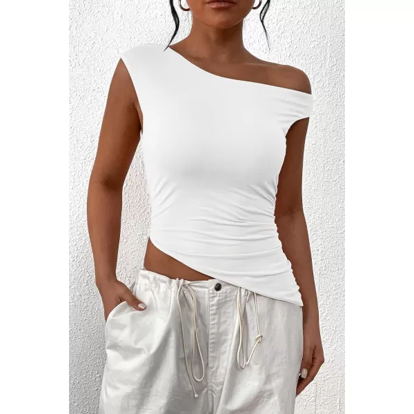 imagePRETTYGARDEN Womens 2024 Summer Off The Shoulder Crop Tops Sleeveless One Shoulder Ruched Asymmetrical Y2K Going Out Tank TopWhite