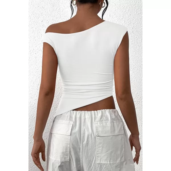 imagePRETTYGARDEN Womens 2024 Summer Off The Shoulder Crop Tops Sleeveless One Shoulder Ruched Asymmetrical Y2K Going Out Tank TopWhite