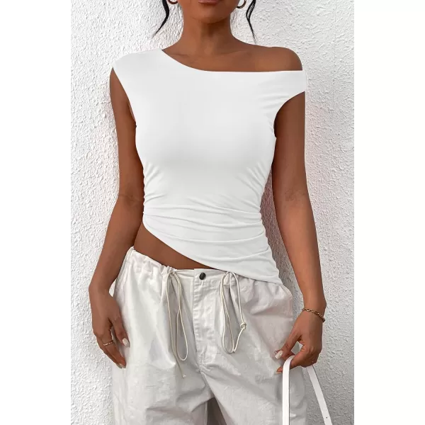 imagePRETTYGARDEN Womens 2024 Summer Off The Shoulder Crop Tops Sleeveless One Shoulder Ruched Asymmetrical Y2K Going Out Tank TopWhite