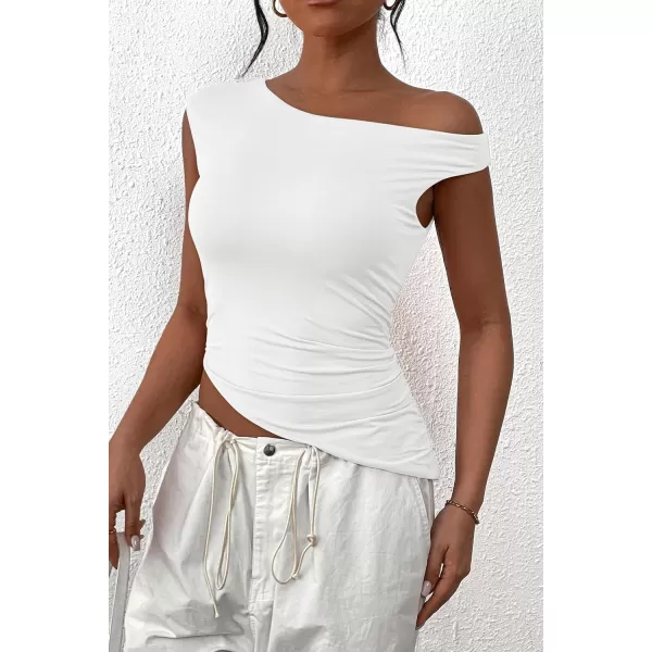 imagePRETTYGARDEN Womens 2024 Summer Off The Shoulder Crop Tops Sleeveless One Shoulder Ruched Asymmetrical Y2K Going Out Tank TopWhite