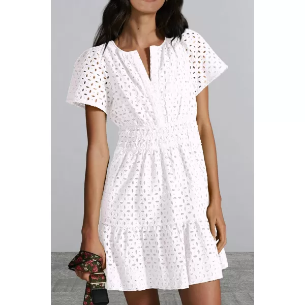 imagePRETTYGARDEN Womens 2024 Summer Short Dress V Neck Short Sleeve A Line Hollow Out Lace Ruffle Cute Casual Beach Party DressesBeige White