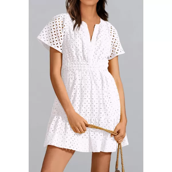 imagePRETTYGARDEN Womens 2024 Summer Short Dress V Neck Short Sleeve A Line Hollow Out Lace Ruffle Cute Casual Beach Party DressesBeige White