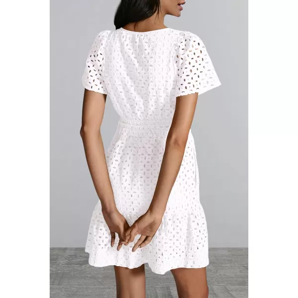 imagePRETTYGARDEN Womens 2024 Summer Short Dress V Neck Short Sleeve A Line Hollow Out Lace Ruffle Cute Casual Beach Party DressesBeige White