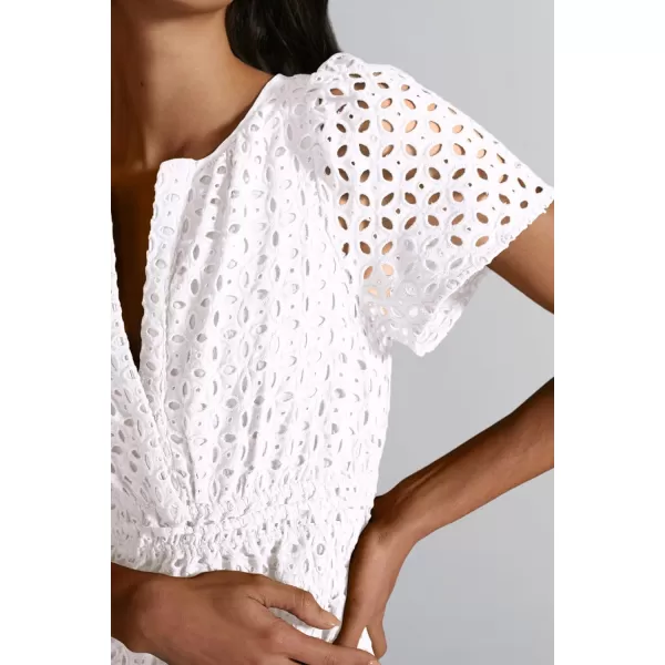 imagePRETTYGARDEN Womens 2024 Summer Short Dress V Neck Short Sleeve A Line Hollow Out Lace Ruffle Cute Casual Beach Party DressesBeige White
