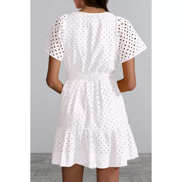 imagePRETTYGARDEN Womens 2024 Summer Short Dress V Neck Short Sleeve A Line Hollow Out Lace Ruffle Cute Casual Beach Party DressesBeige White